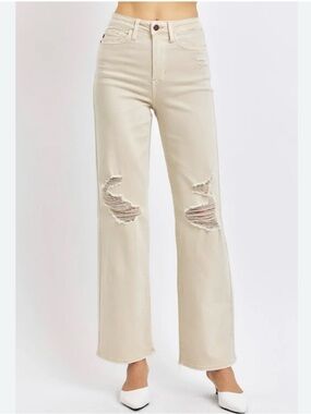Judy Blue Full Size High Waist Distressed Wide Leg Jeans in Bone Size 7 / 28